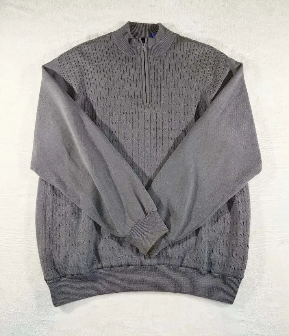 Scottish Wind Men's Vintage 90’s Grey Quarter Zip Cable Knit Sweater, L